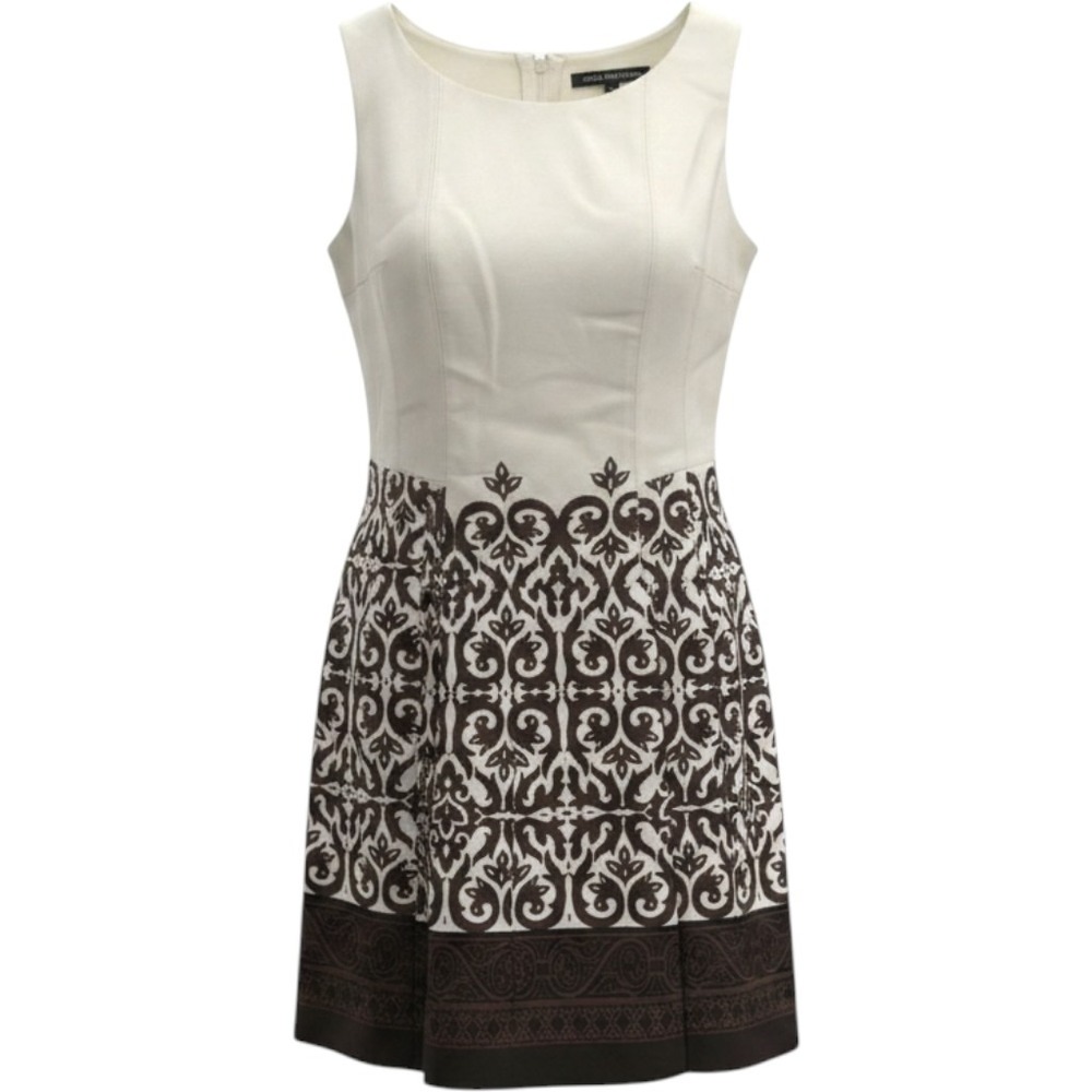 Jones‎ Wear Dress Womens 12 Cream Brown Damask Print Sleeveless Fit Flare Cotton